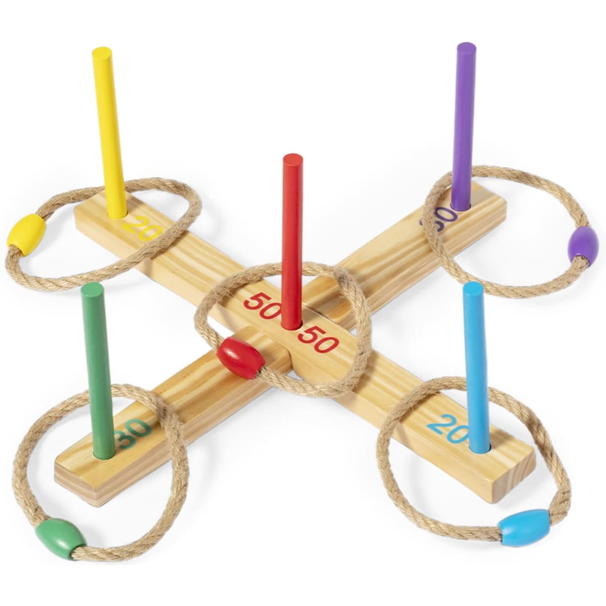A wooden ring toss game featuring six coloured pegs and rope rings, set in a cross shape with scoring numbers.