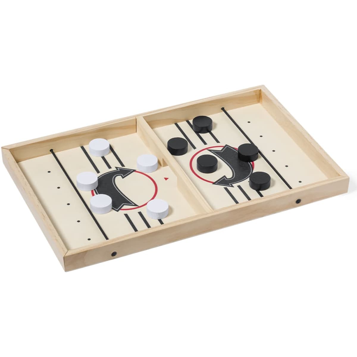 A wooden game board featuring two sets of black and white pieces, with red circles marking the areas.