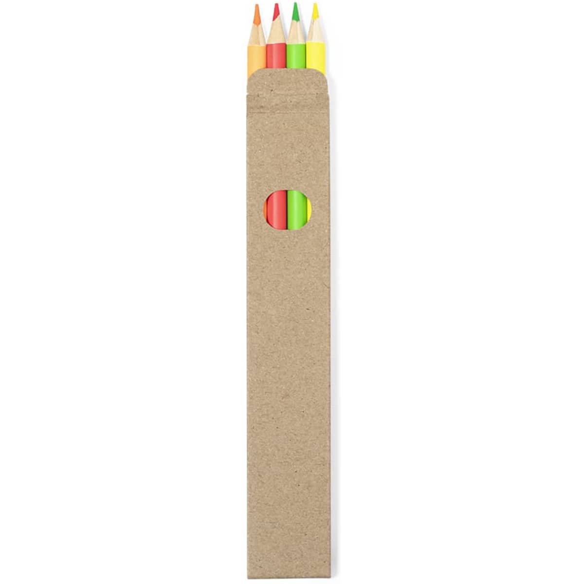 A packaging of coloured pencils in a brown cardboard holder, featuring red, green, yellow, and other shades.