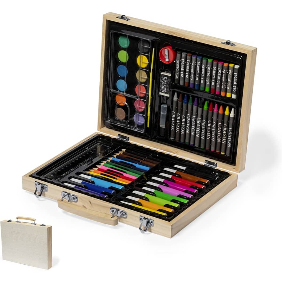 A pencil case featuring a wooden box containing markers, coloured pencils, watercolour paints, and accessories in various colours.