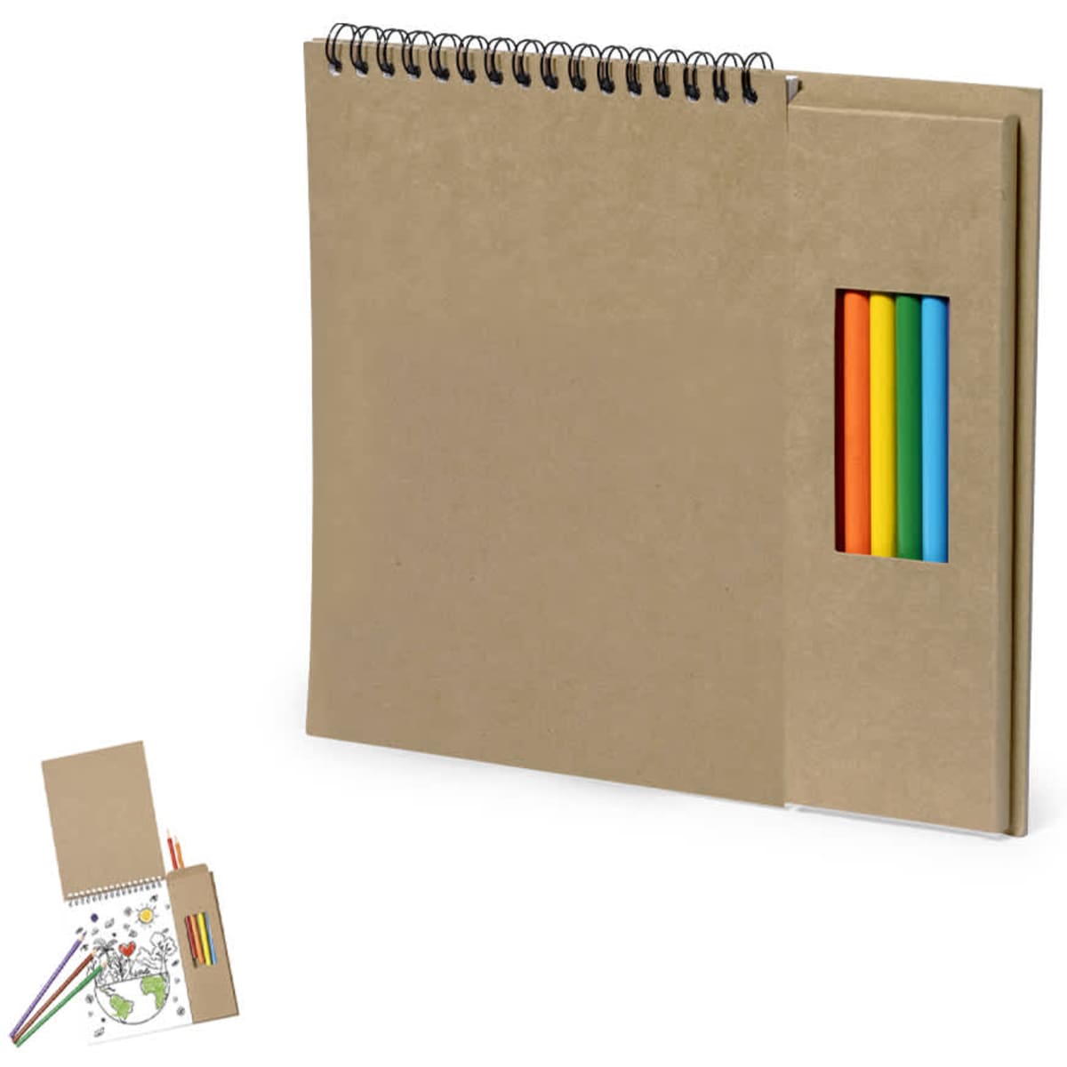 A spiral-bound notepad with a cardboard cover and a side pocket containing five vibrant coloured pencils.