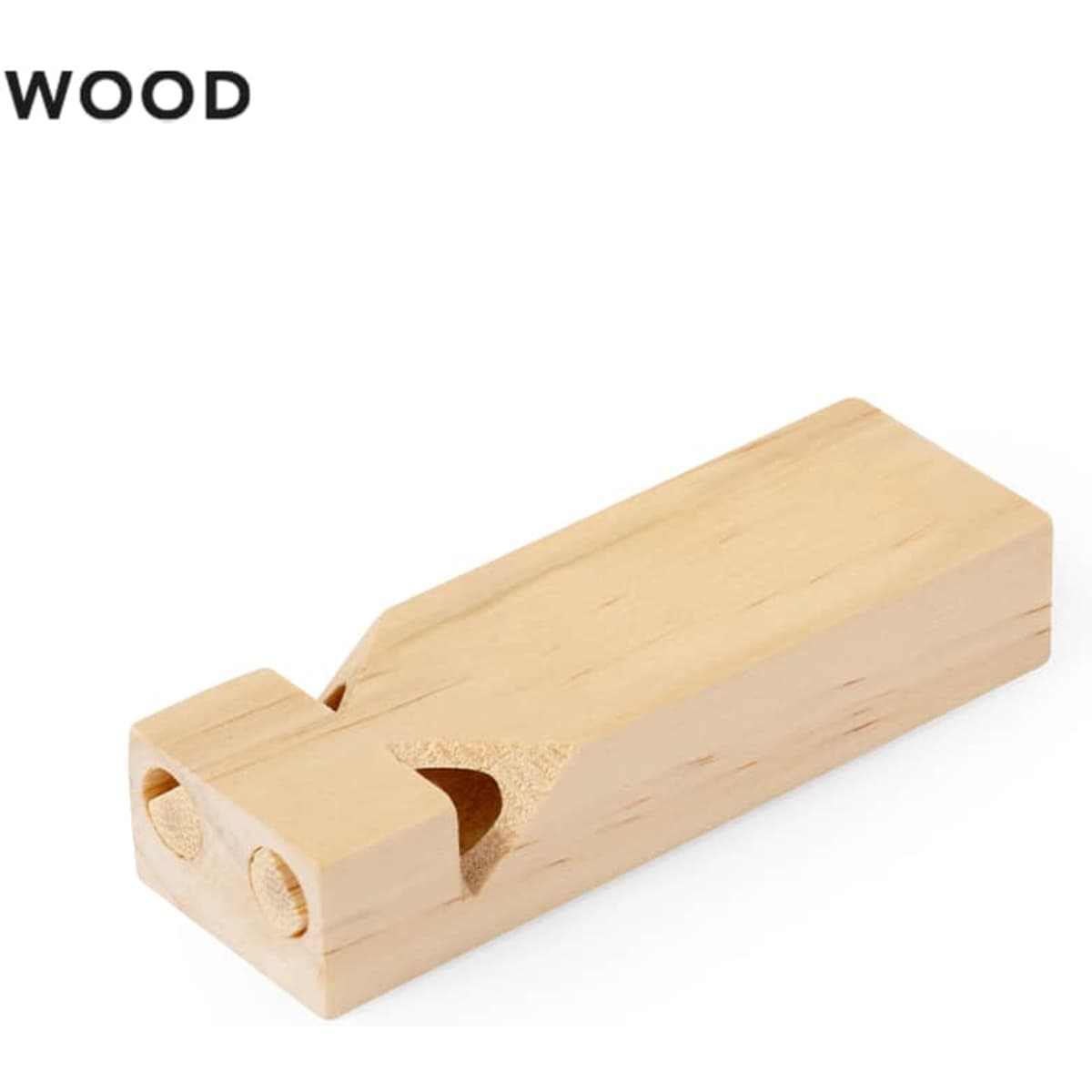 A wooden whistle with two sound openings, featuring a smooth, natural finish. It has a simple, rectangular design.