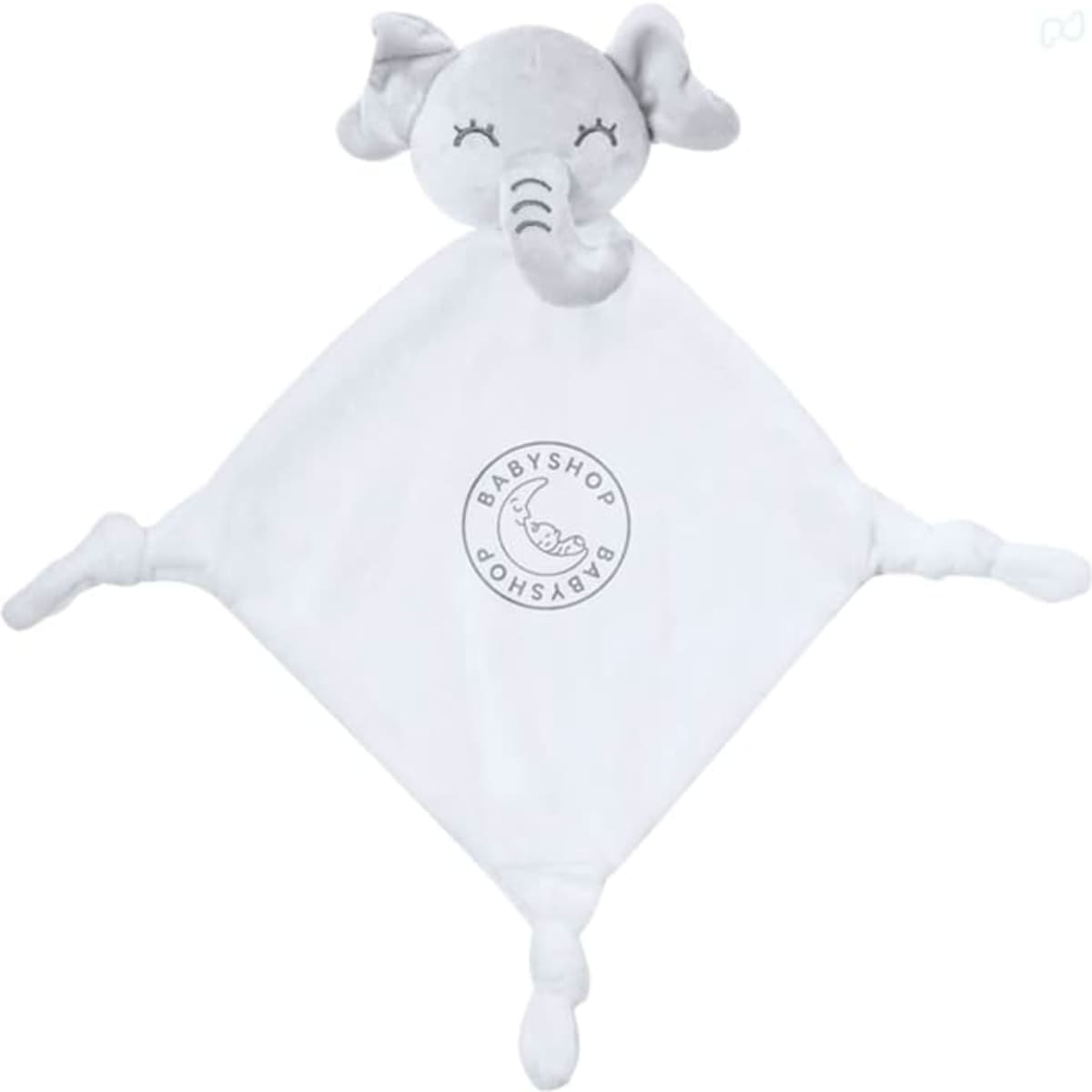 A grey plush comforter with an elephant head and a soft diamond shape, featuring four knotted corners.