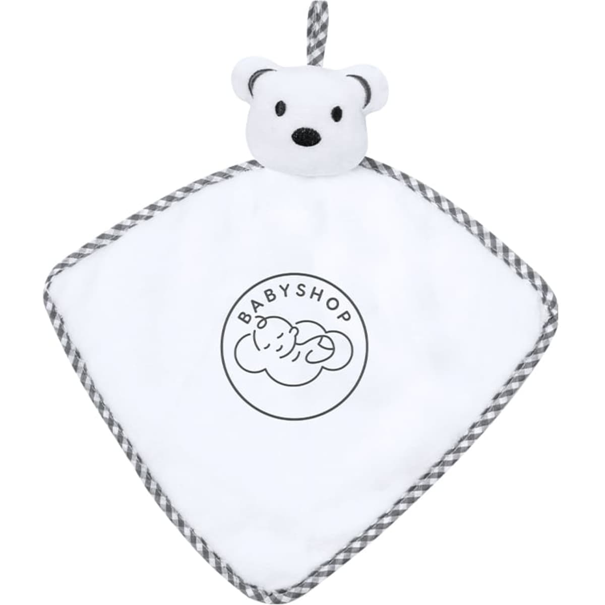 A plush toy in the shape of a white bear head on a diamond-shaped, grey and white comforter with a logo.