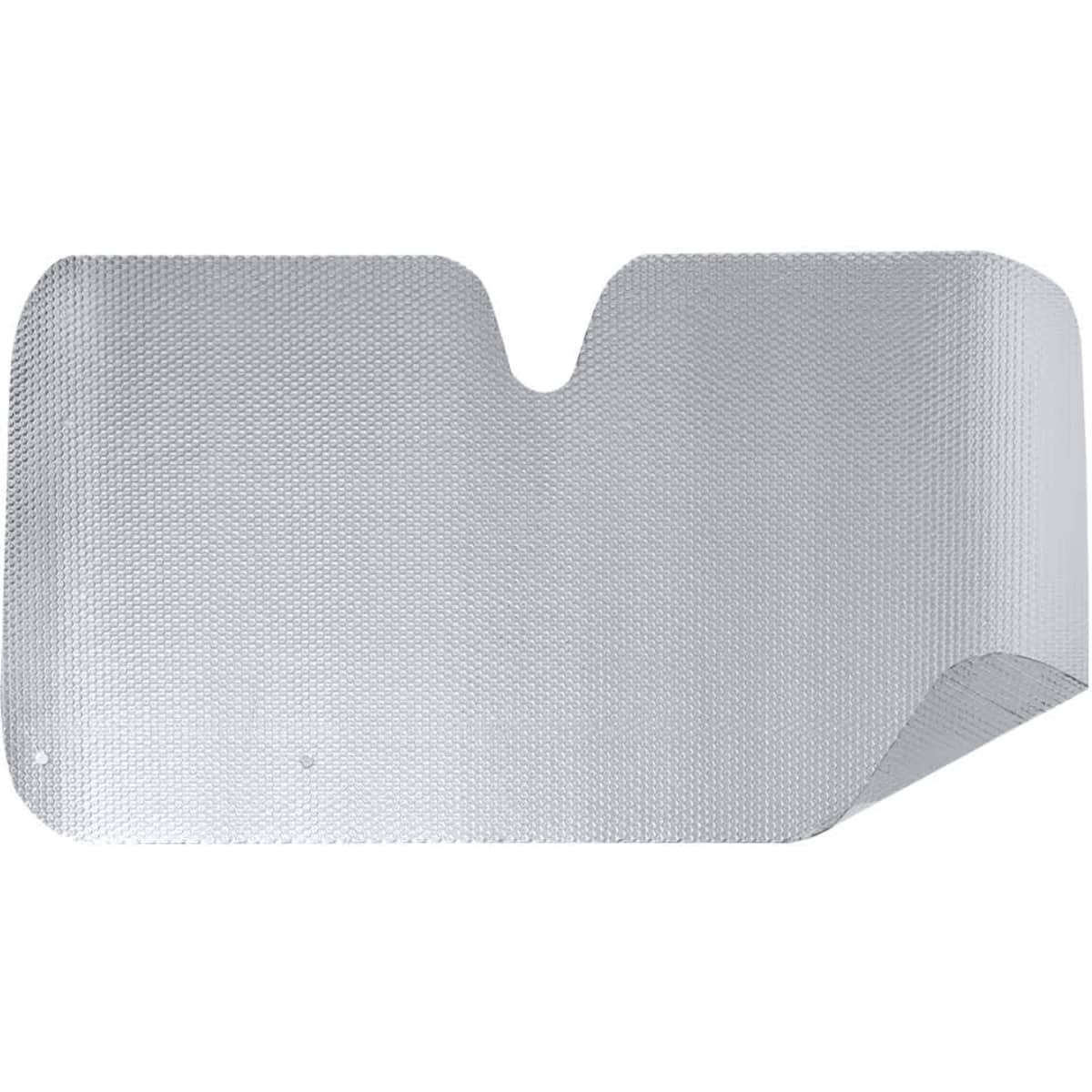 A silver sunshade with a distinctive cutout design, featuring a textured surface. It has a branding logo.
