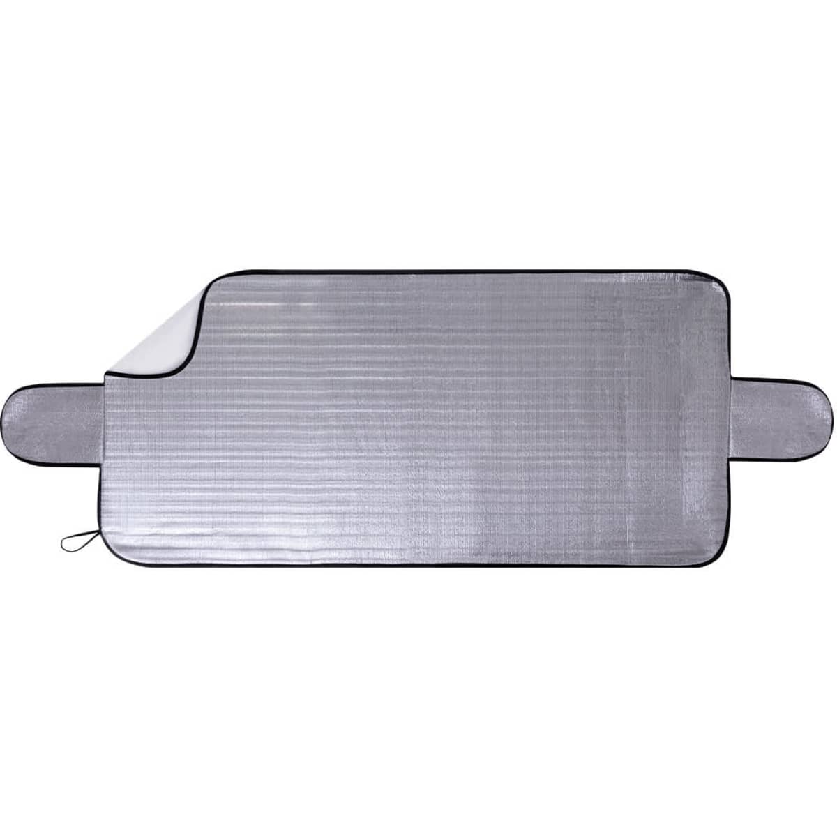 A grey sunshade with a smooth surface and two secured handles on either side, featuring a black border.