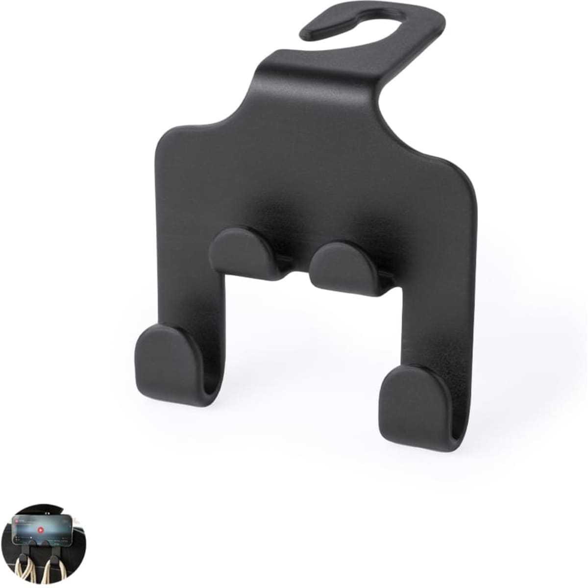 A black car phone holder with a hook and three rubber grips for stable device support. It features a logo on the front.
