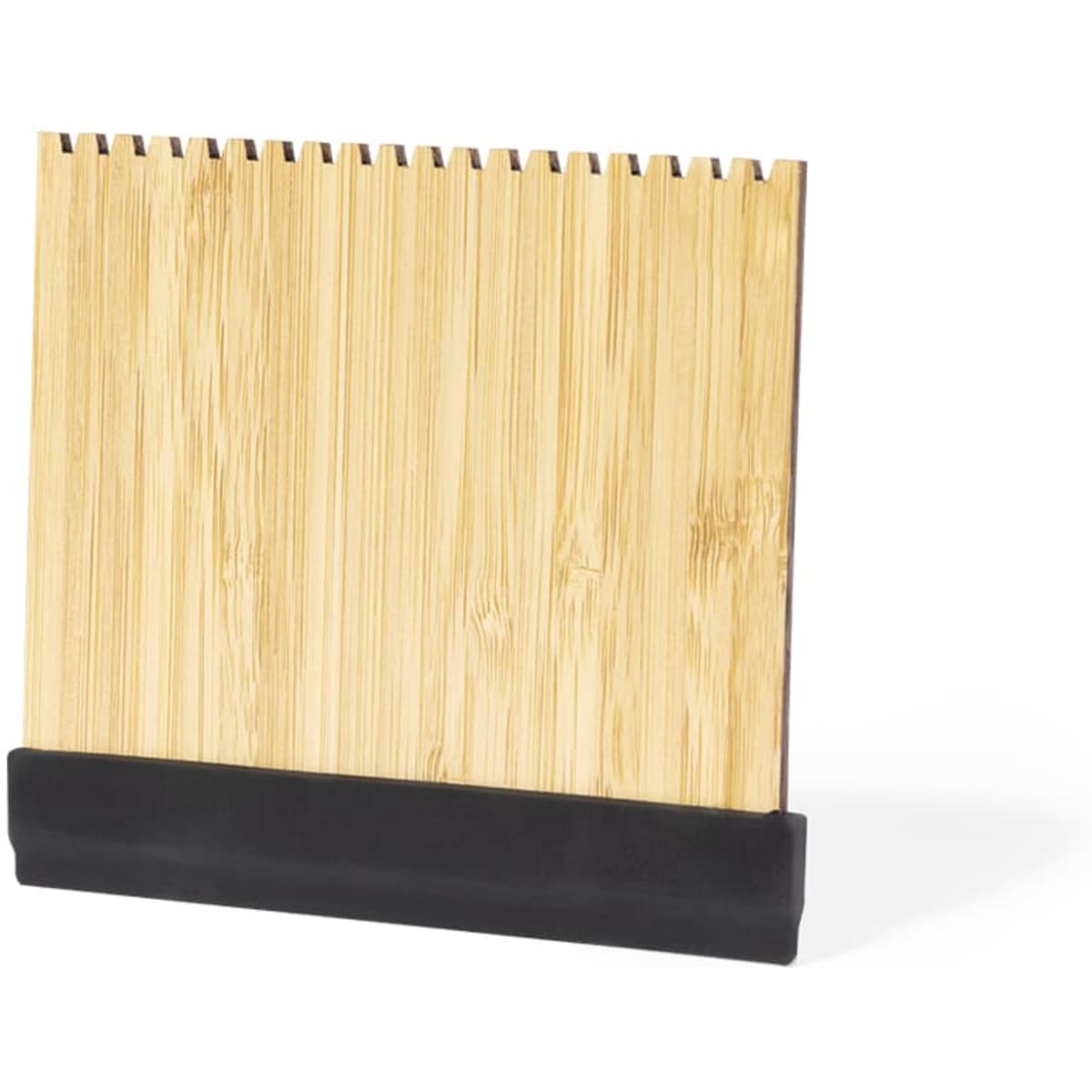 A bamboo ice scraper with a black rubber edge for easy scraping. It features a textured surface for better grip.