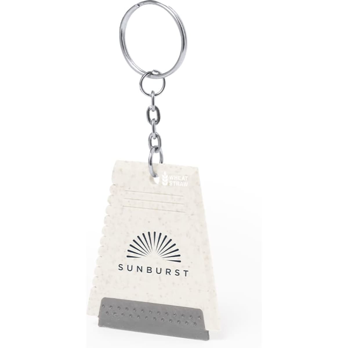 A keyring ice scraper in white with a grey scraping edge, featuring a branding logo.