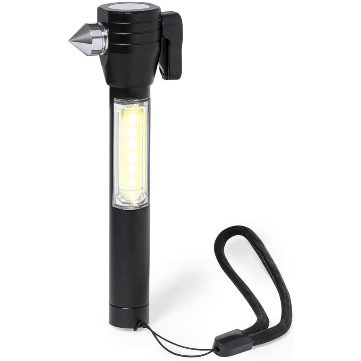 A black multi-tool flashlight with a LED light and a hook for easy attachment. It features a sleek design and a textured grip.