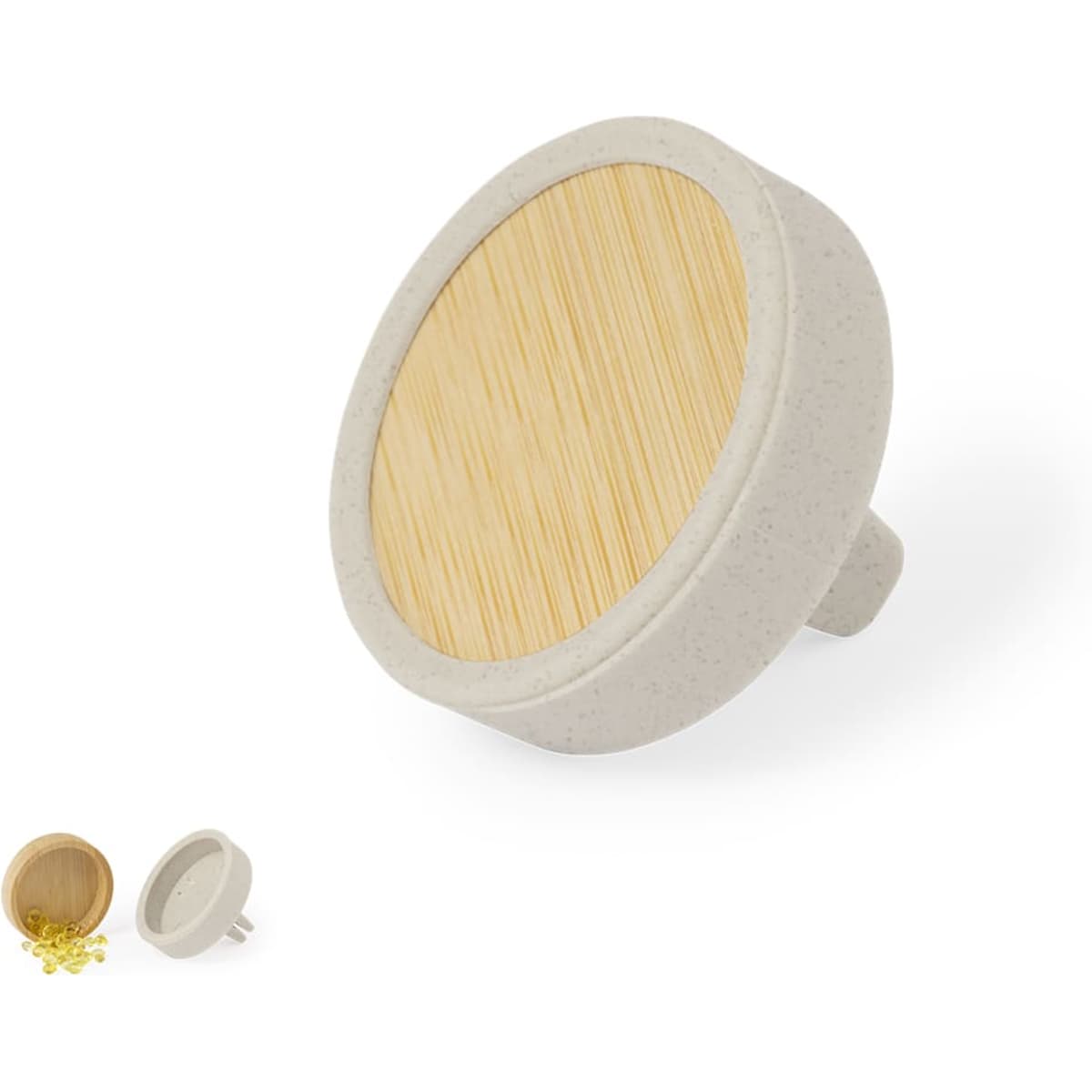 A round air freshener with a grey base and a bamboo top. Features a logo on the side.