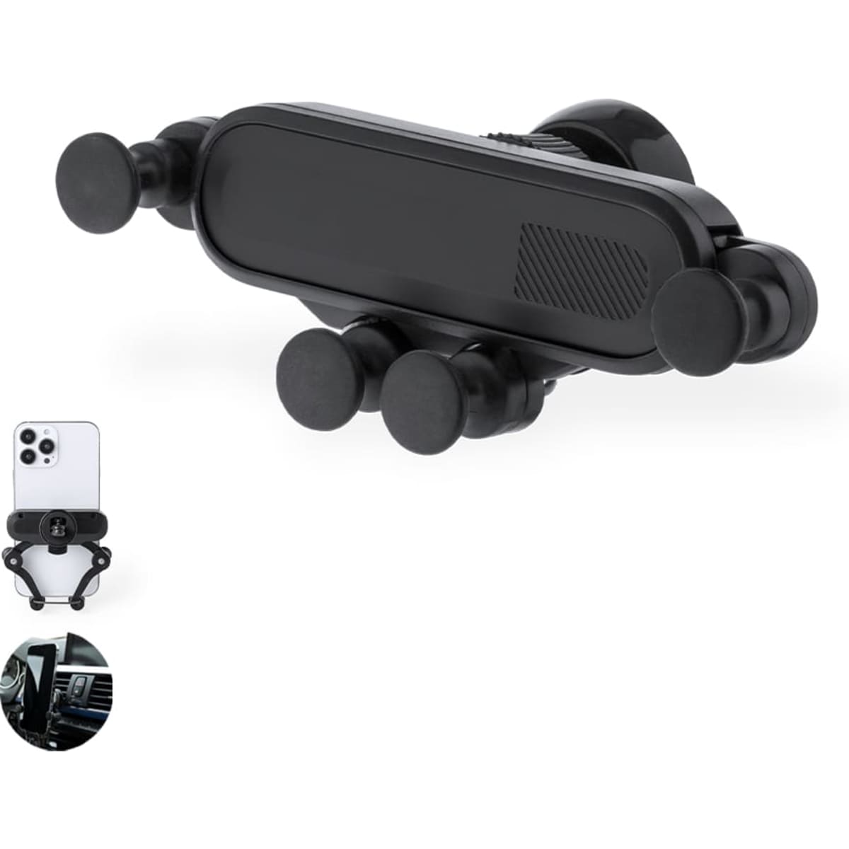 A black car phone holder with multiple suction cups and a sleek design, featuring a logo on the side.