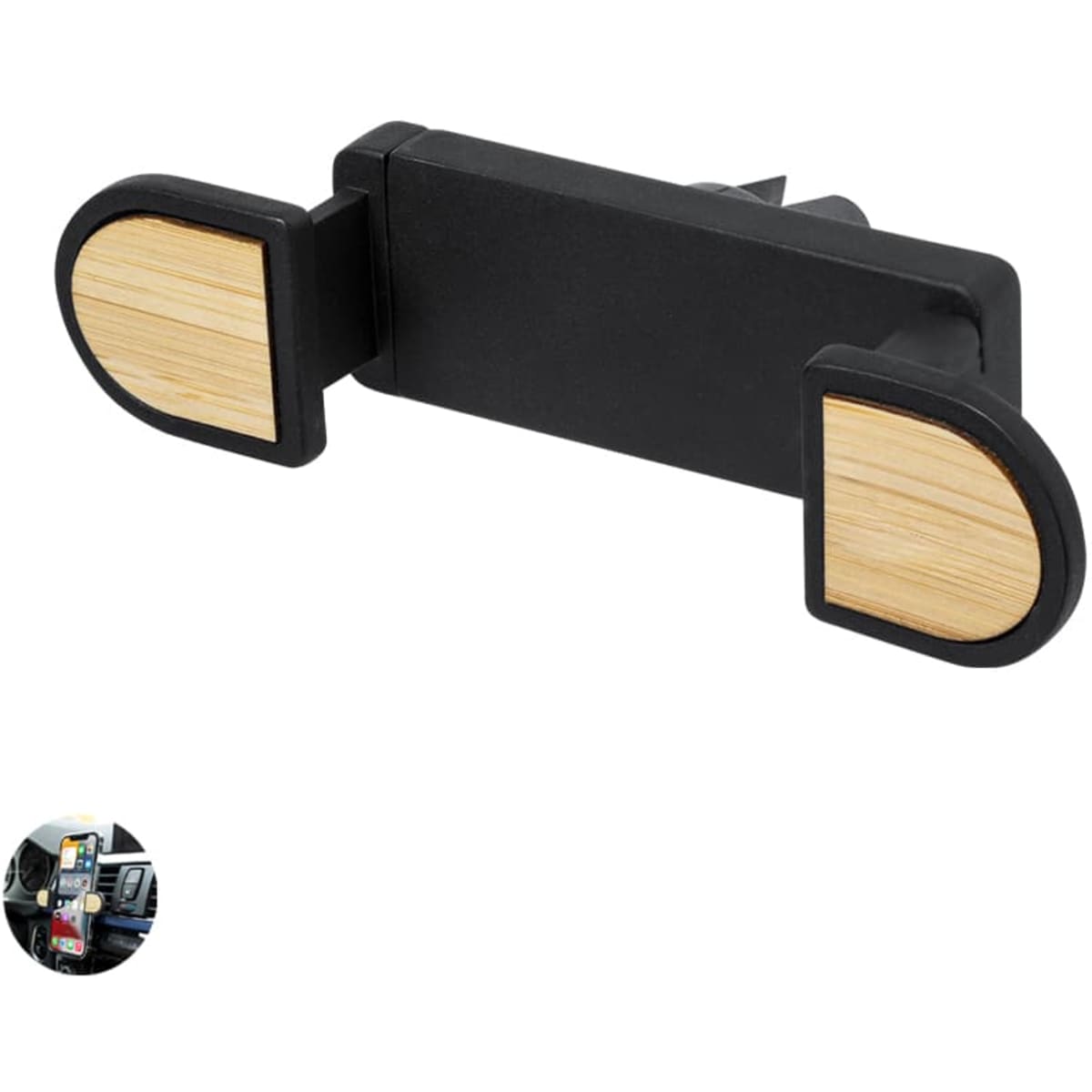 A black car phone holder with bamboo accents, designed to securely grip devices in vehicles.