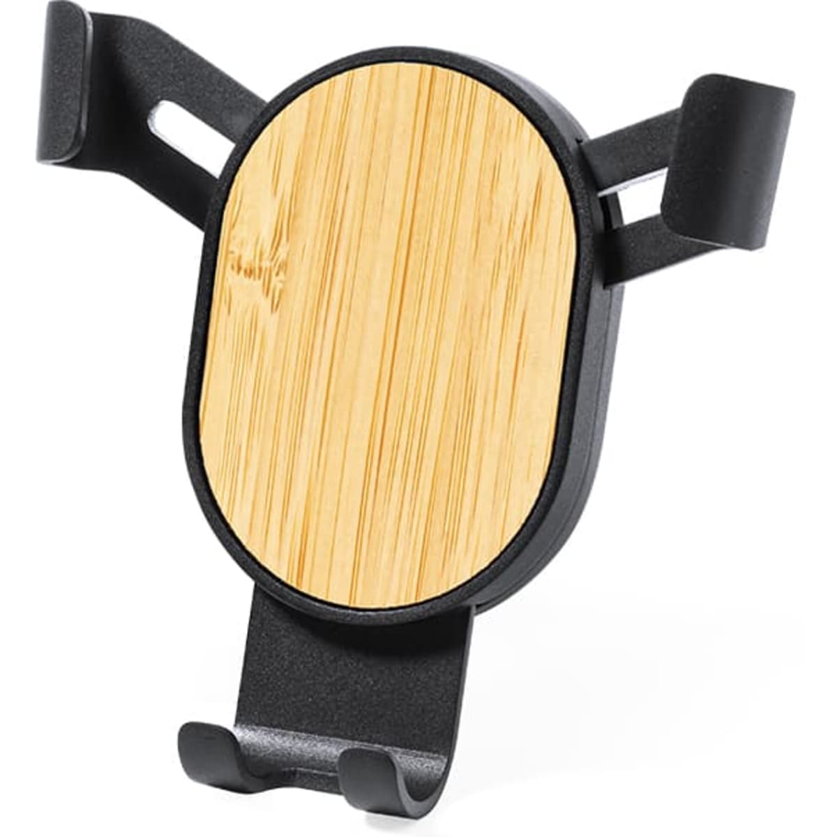 A car phone holder with a bamboo finish and black plastic grip, featuring a branding logo.