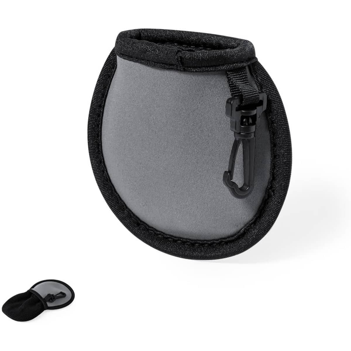 A grey Hese Pouch with a black trim and a clip for attaching. Features a removable cover.