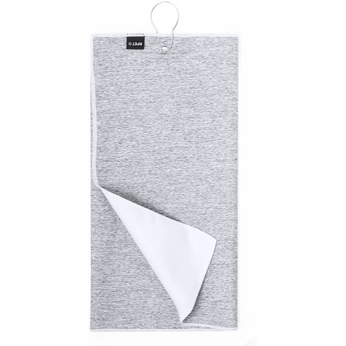 A grey golf towel with a white underside, featuring a hang loop and a logo.