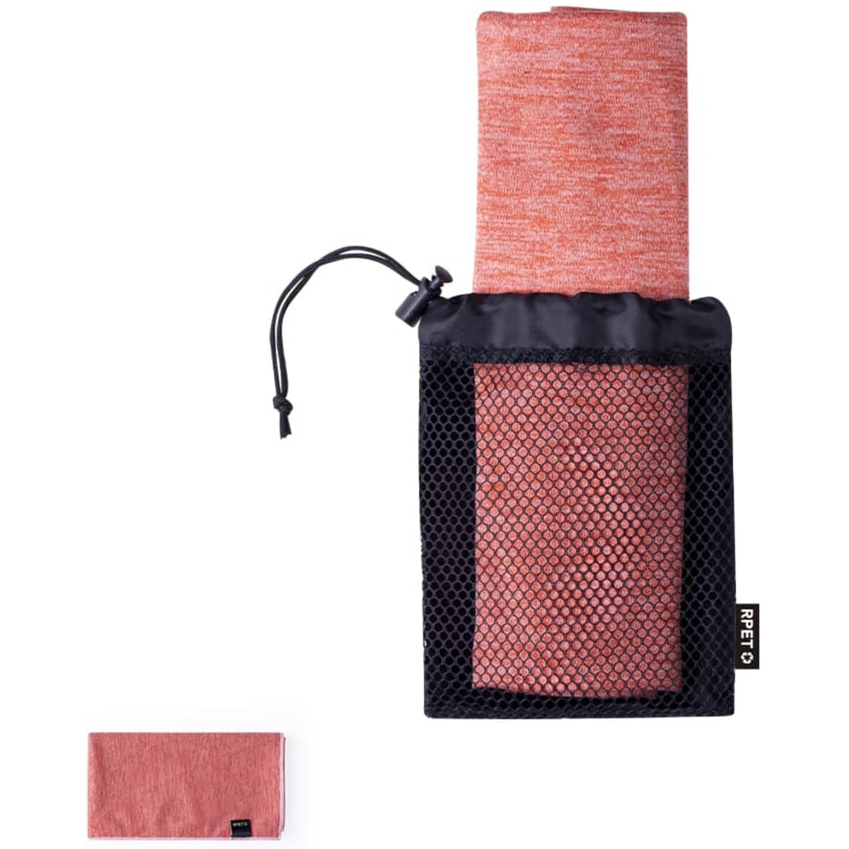 A cooling towel in vibrant orange, folded and stored in a black mesh pouch with a drawstring closure.