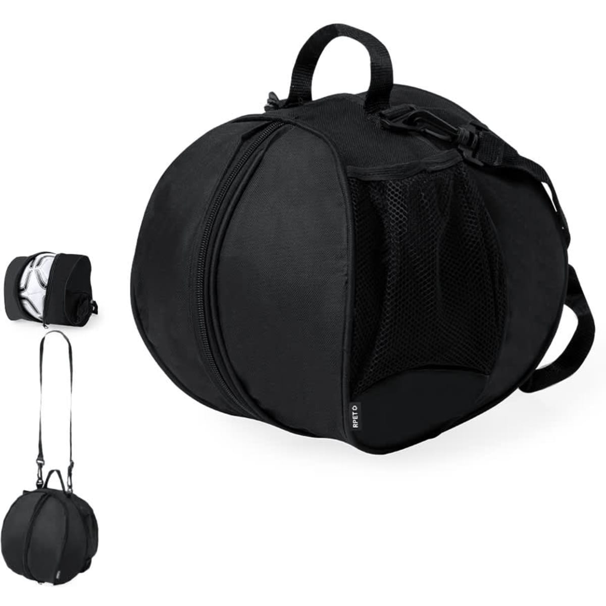 A black bag with a rounded shape, featuring a mesh pocket and a zipper, includes handles and an adjustable strap.