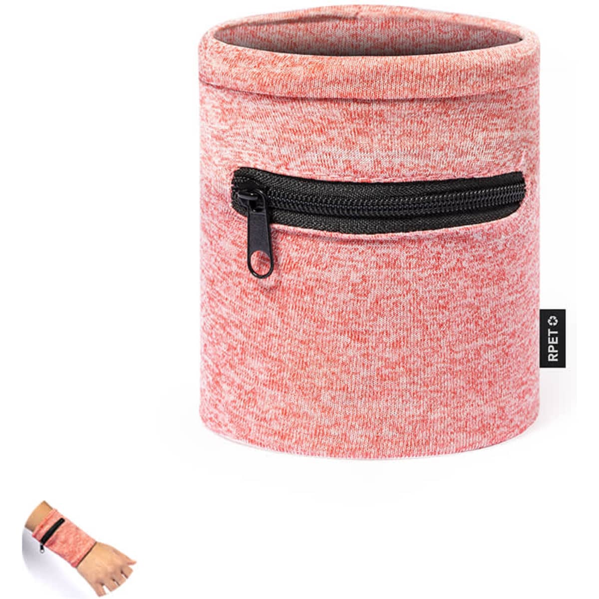 A cylindrical storage container in a coral pink fabric with a zippered pocket and a small logo.