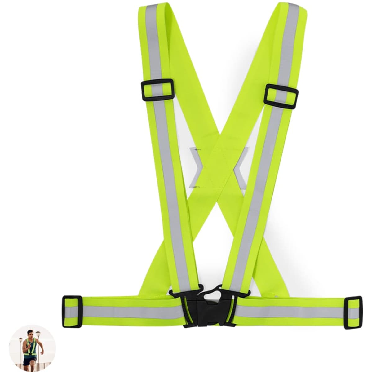 A bright yellow safety harness with reflective straps and adjustable buckles, designed for visibility and safety.