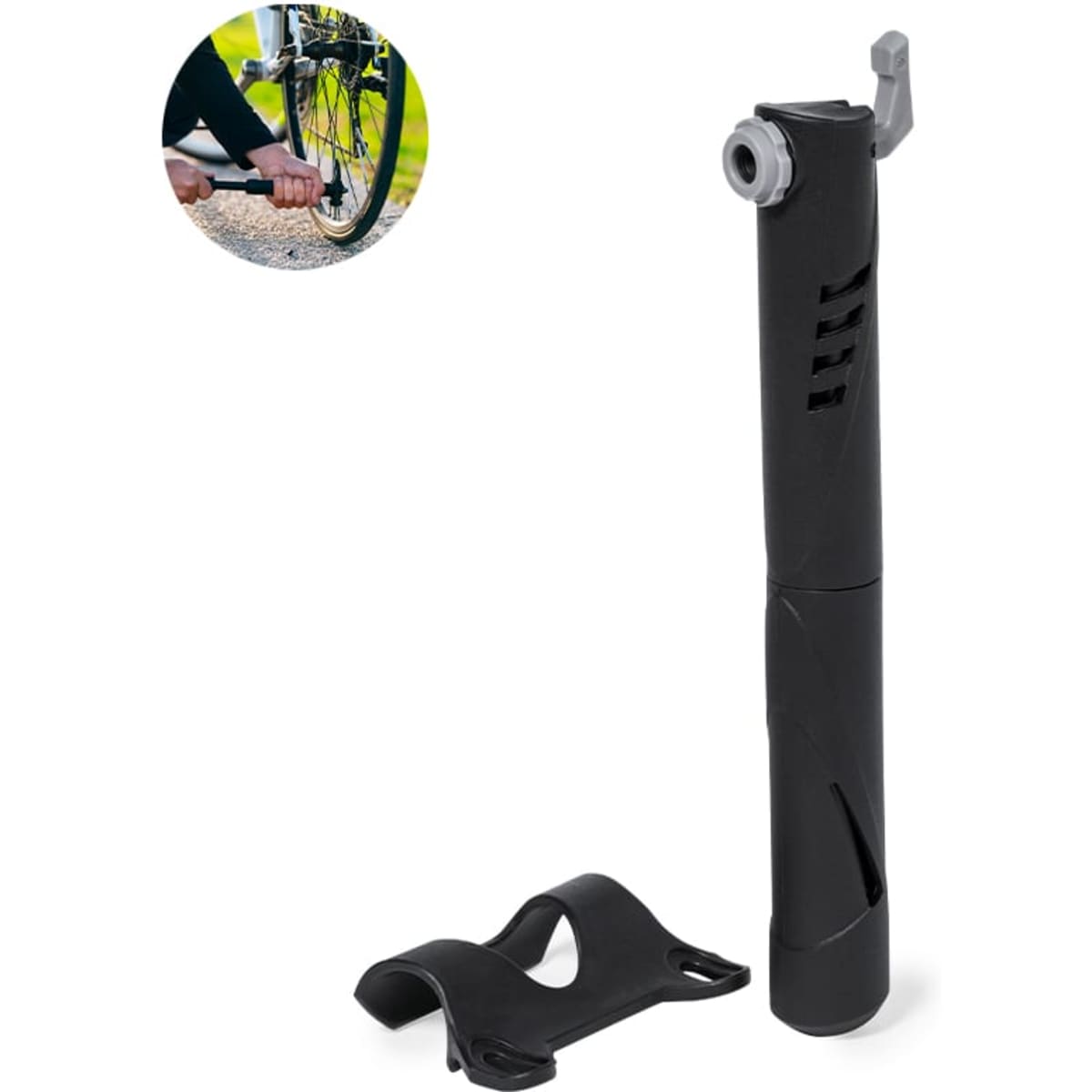 A compact black mini inflation pump with a grey nozzle and attached mounting clip for outdoor use.