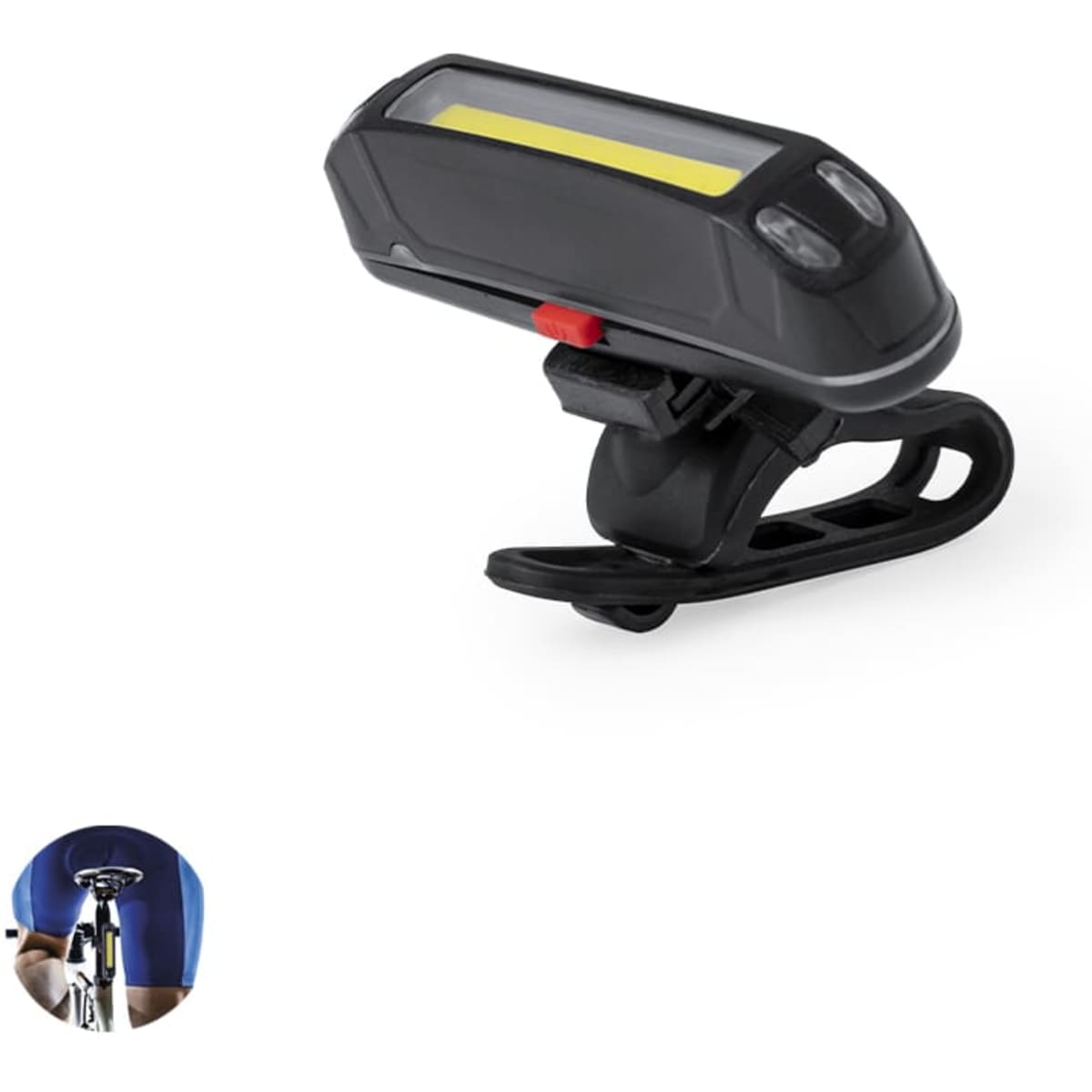 A black bike light with a yellow LED strip, featuring a mounting clip and a logo.
