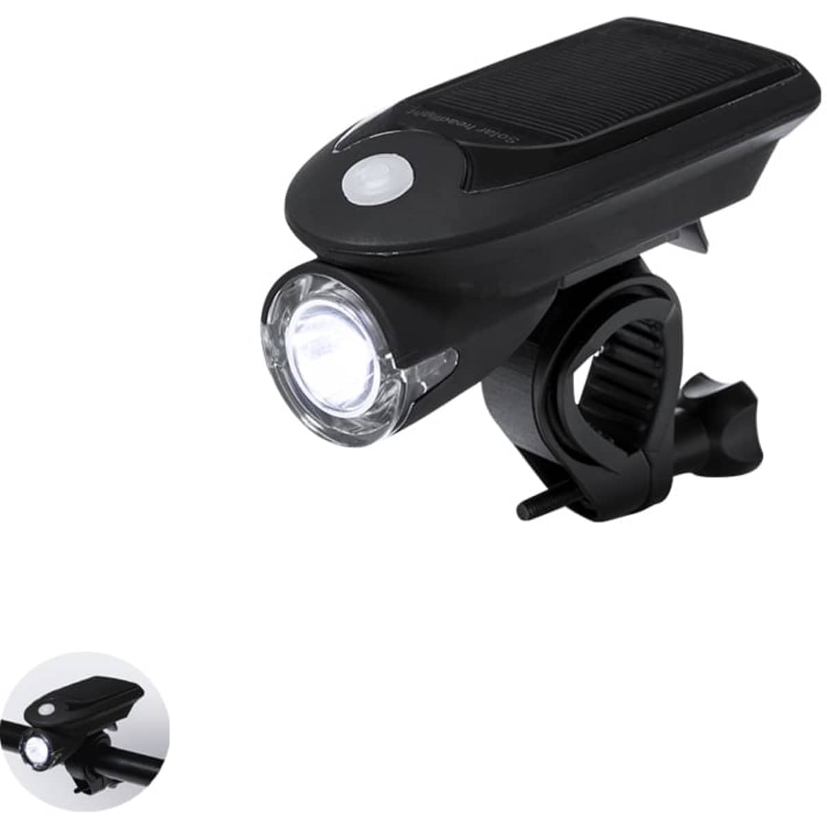 A black bike light set with a front light attached to a mount, featuring a solar panel and a round lens.