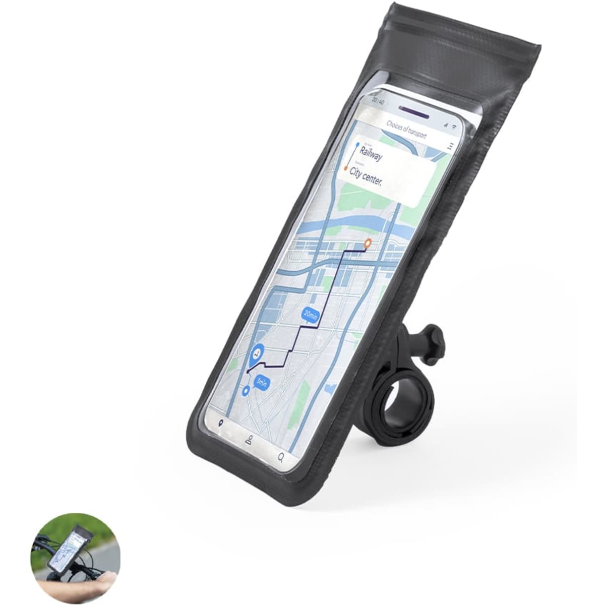 A black waterproof pouch displaying a mobile phone with a map, featuring a mounting clip for attachment.