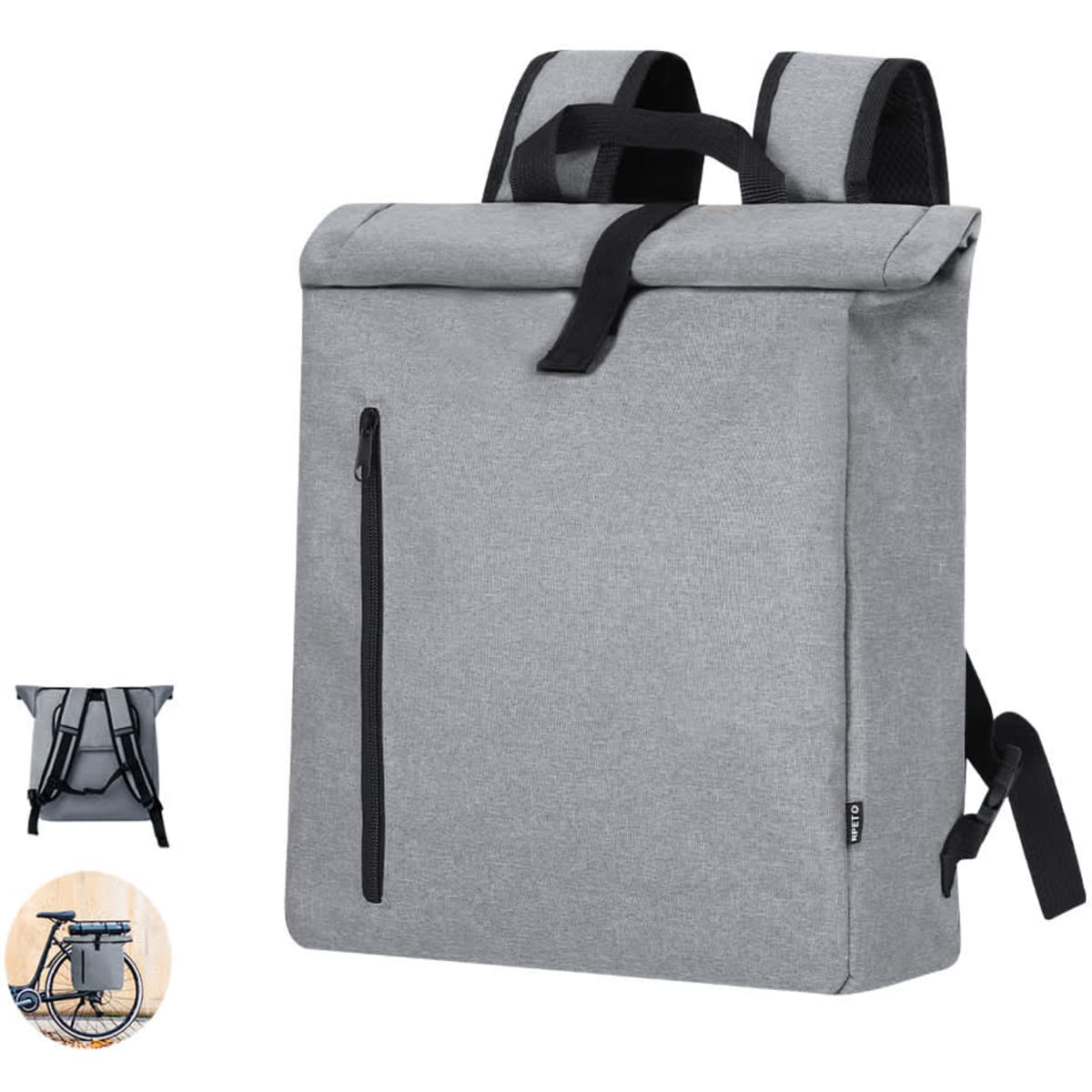 A grey backpack with adjustable straps, featuring a front zip pocket and a roll-top closure. It has a logo on it.