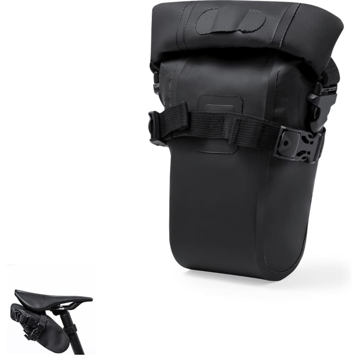A black waterproof bag with a strap, designed for attaching to a bike seat. It features a simple closure and sturdy construction.