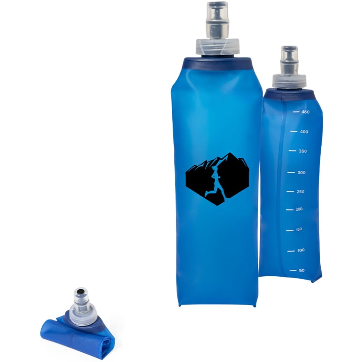 A blue foldable drink bottle with a logo, featuring two sizes and a screw-on cap.