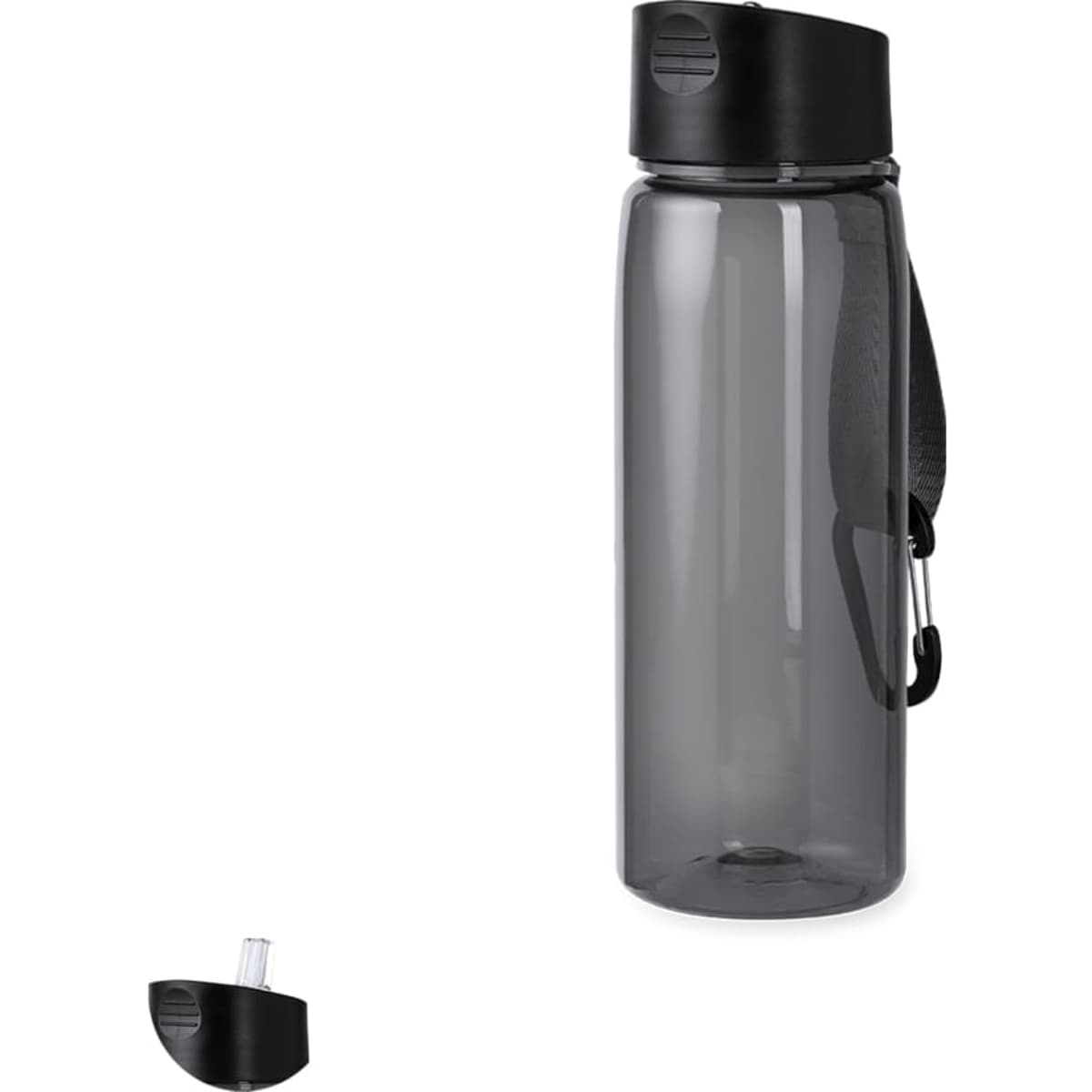 A drink bottle made of translucent grey plastic with a black cap and a removable straw. It features a carrying strap.