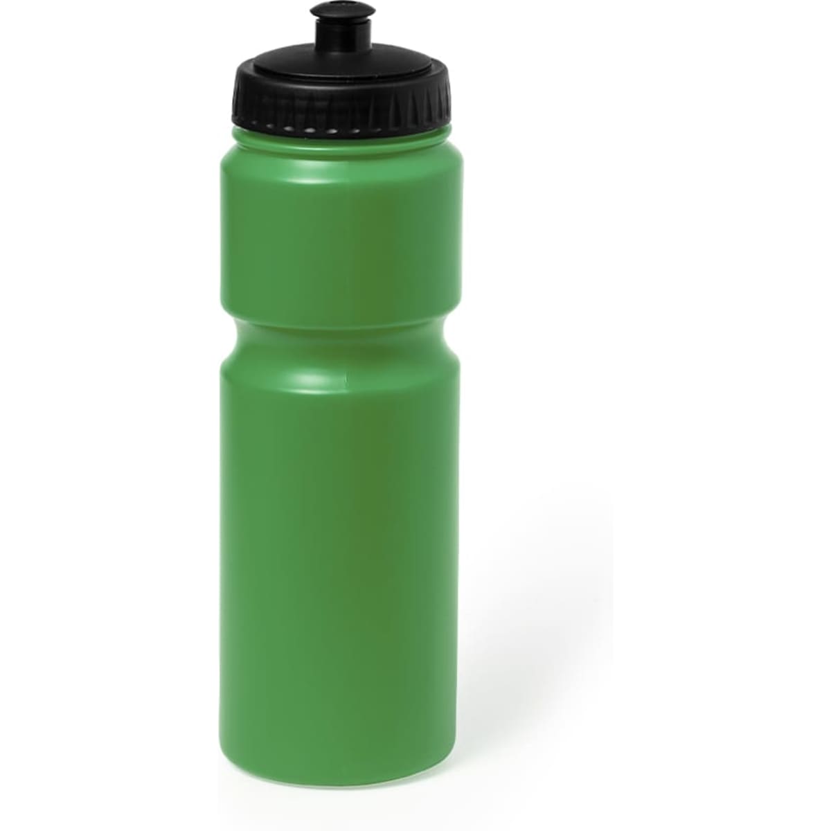 A drink bottle in bright green with a black lid. It features a simple, cylindrical design and has a logo.
