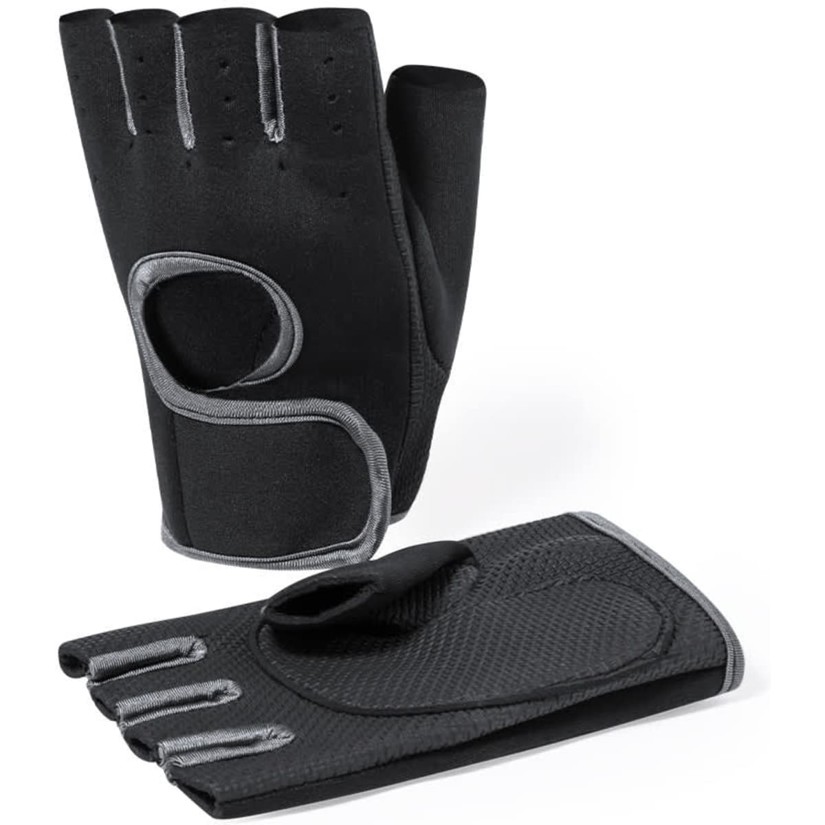 A pair of black gloves with grey accents, featuring fingerless design and a padded palm.