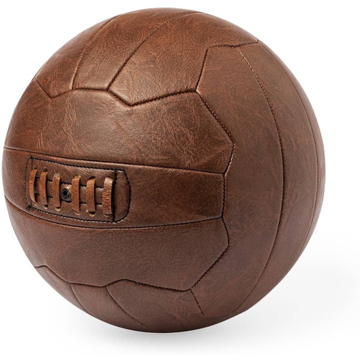 A brown leather sports ball featuring a stitched pattern and an embedded logo, suitable for leisure activities.