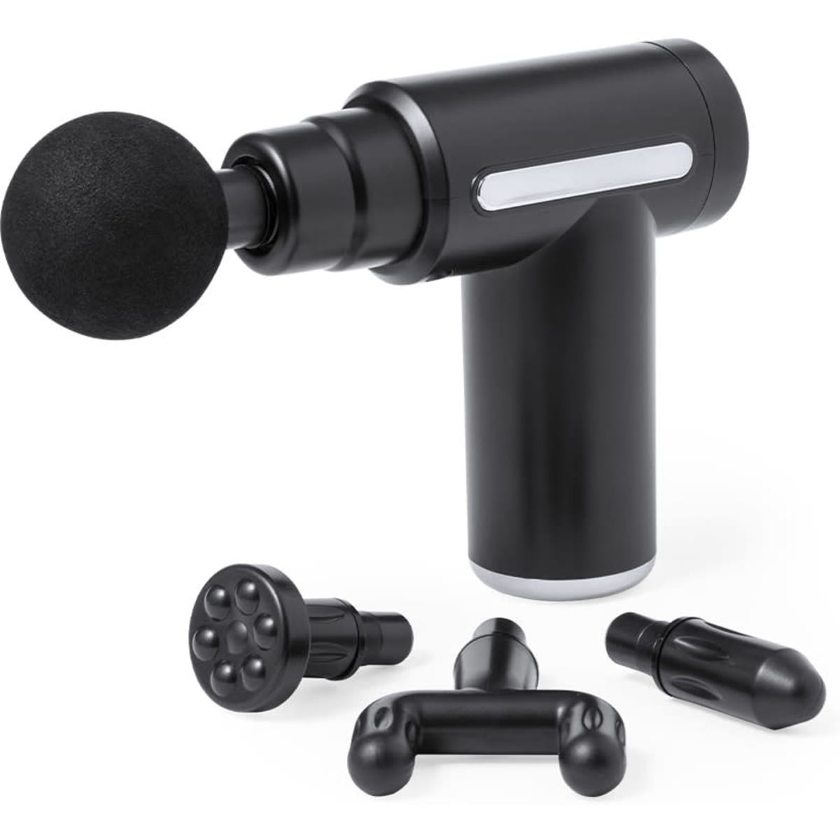 A black massage gun with four interchangeable attachments for various massage techniques. It has a sleek design and a logo.