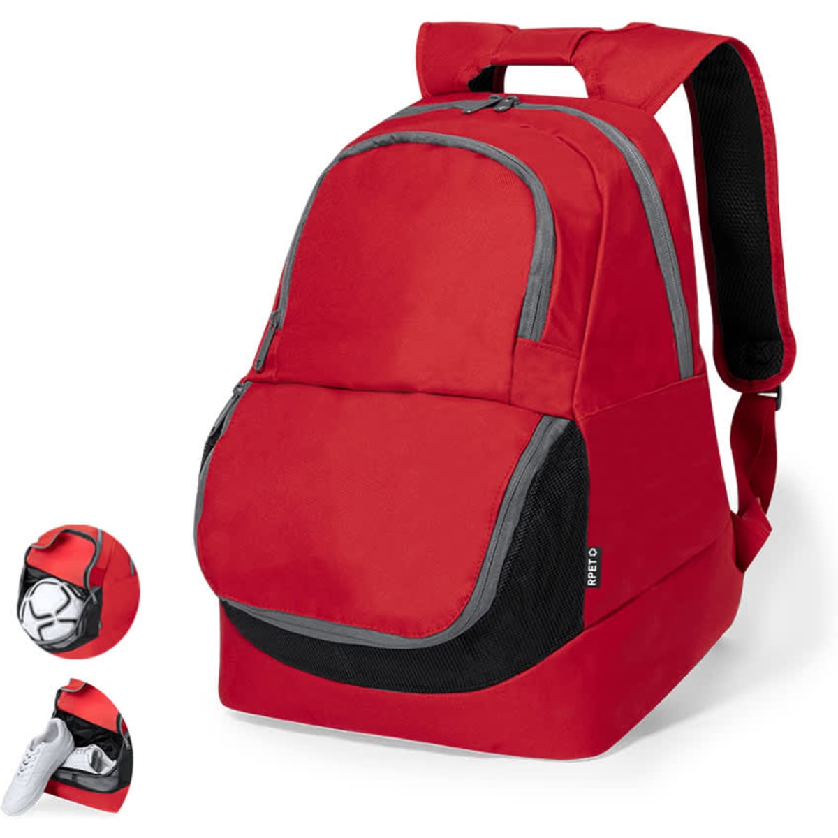 A red backpack featuring multiple compartments, padded shoulder straps, and a logo on the side.