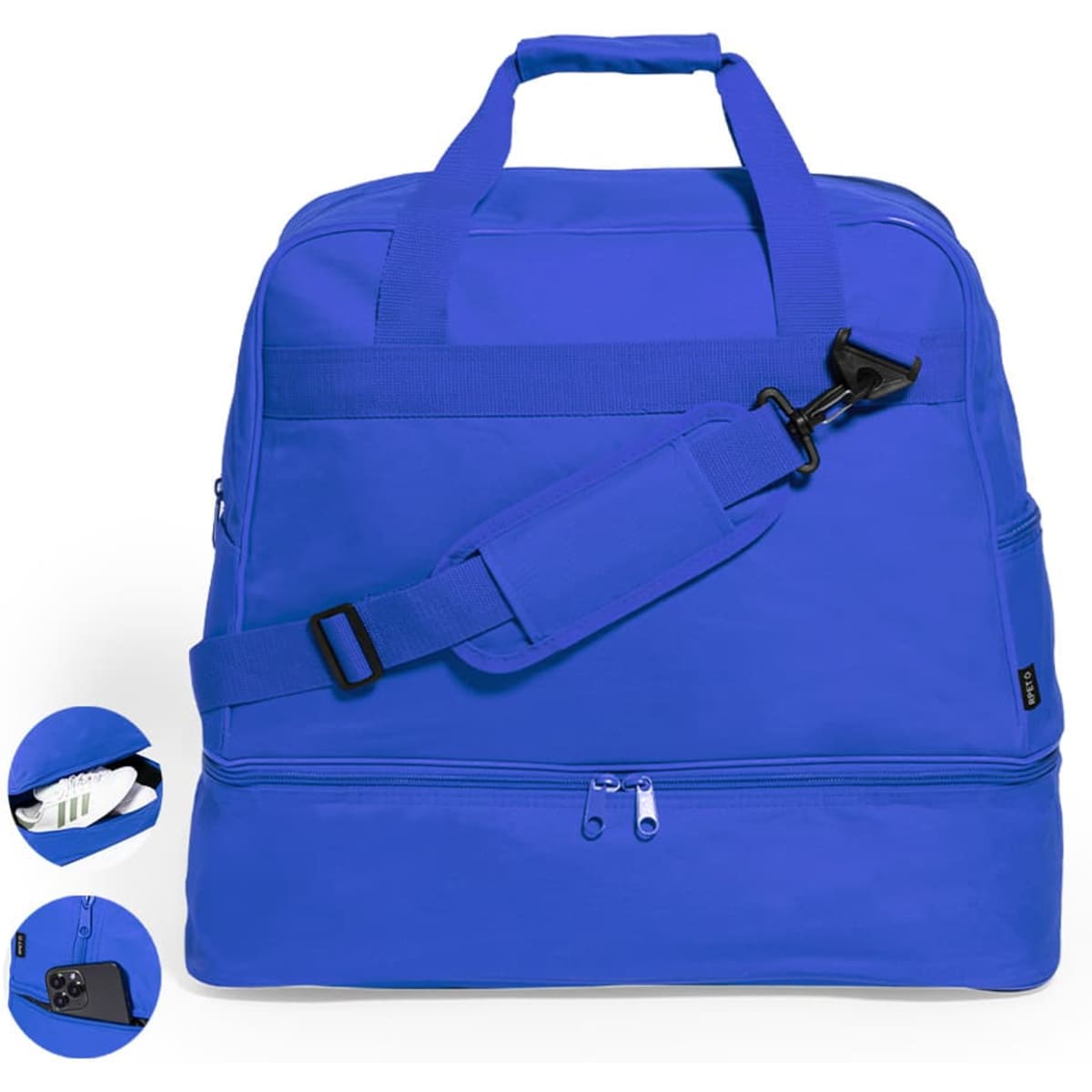 A blue duffle bag with a detachable strap, featuring a zip pocket and a side compartment for small items.