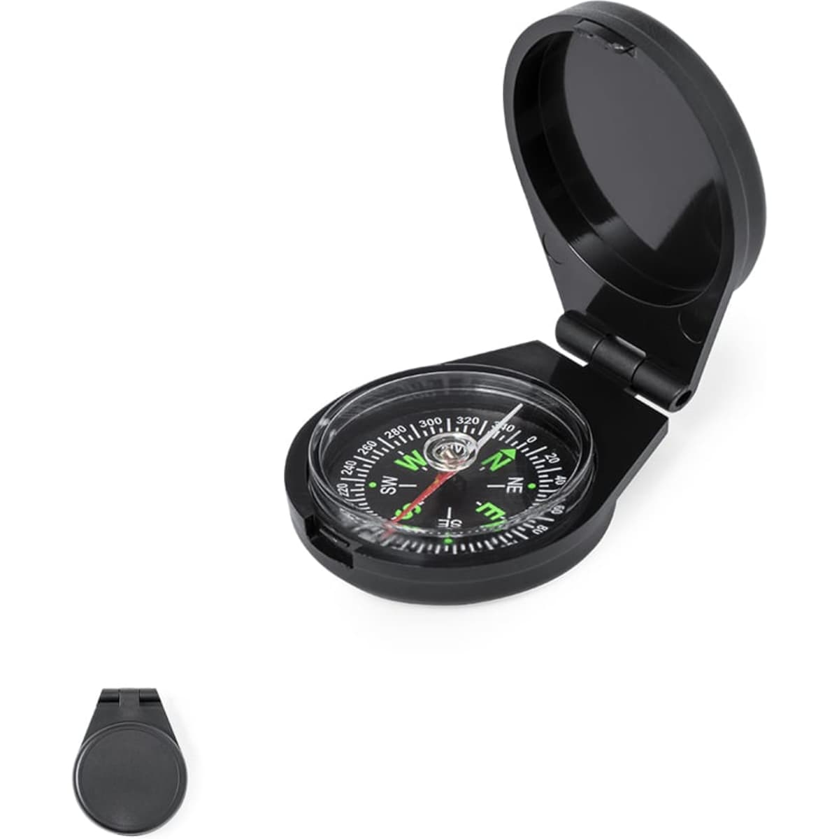 A black compass with a foldable design, featuring a dial with directional markers and a hinged lid.