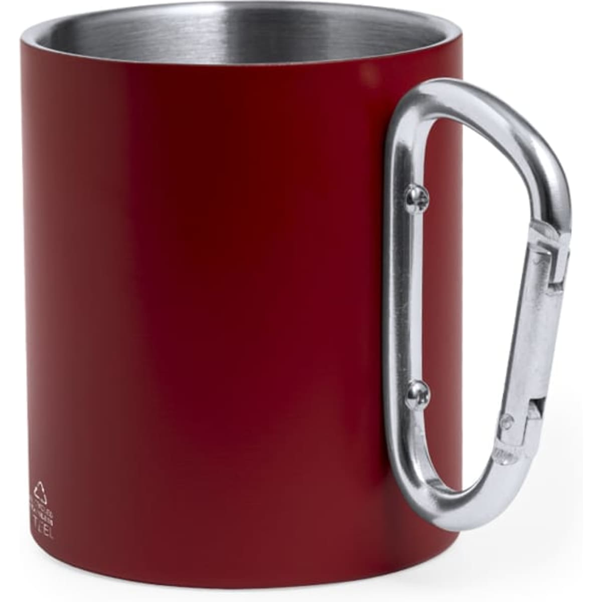 A red coffee mug with a silver carabiner handle and a steel interior. It features a logo on one side.