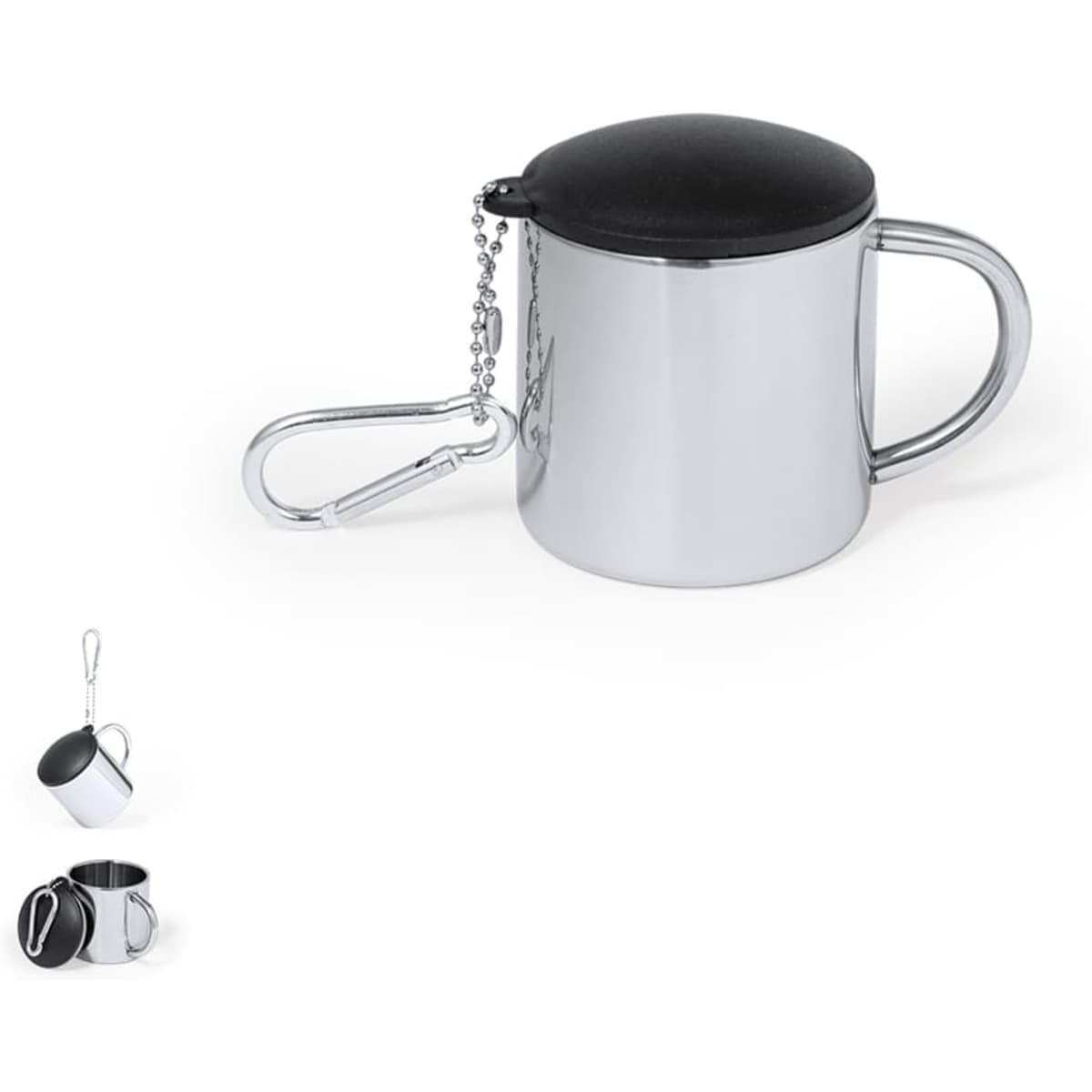 A travel mug in shiny silver with a black lid and a metal chain with a carabiner clip. It has a handle and a logo.