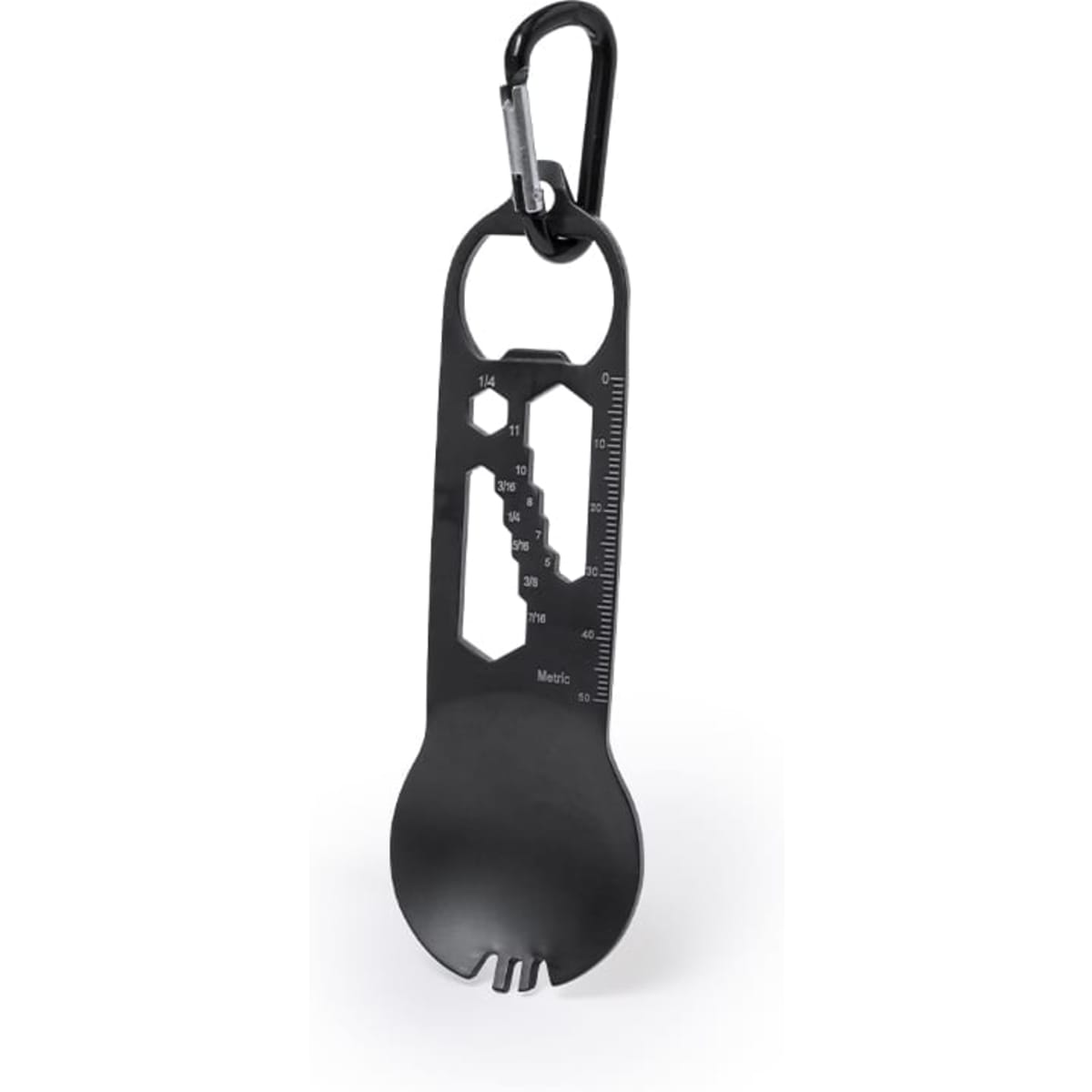 A black multi-tool with a spoon, fork, ruler, and bottle opener, attached to a carabiner. It features a logo.