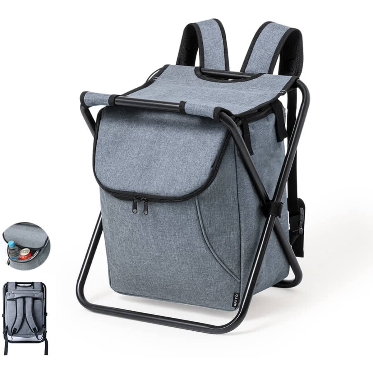 A grey cooler bag with a backpack design, featuring adjustable straps and a folding frame for seating.