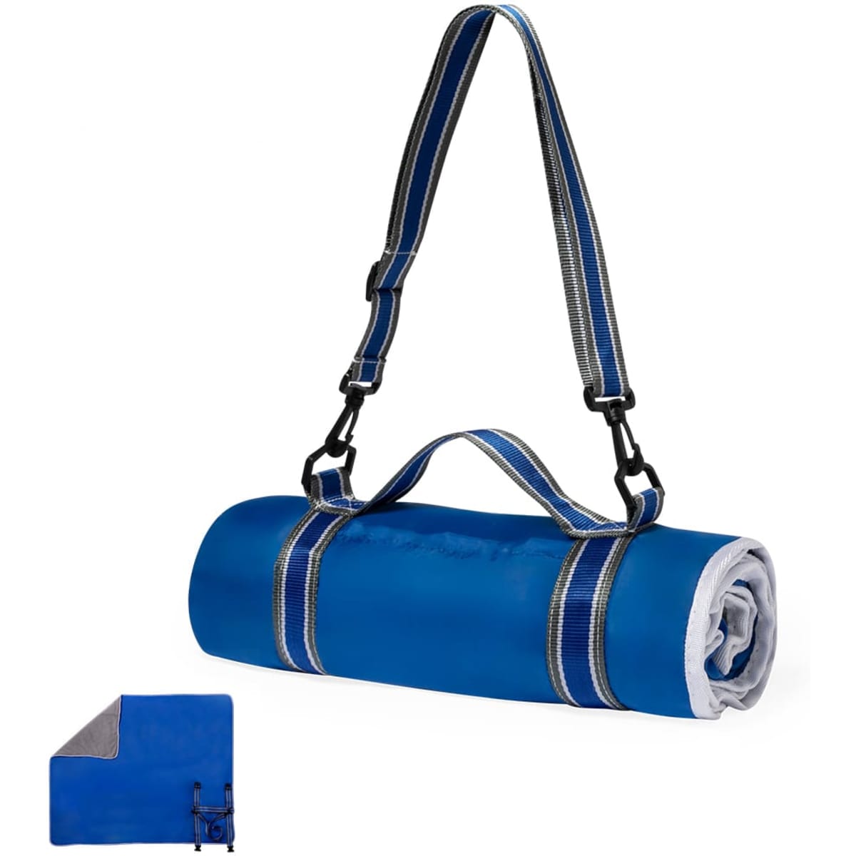 A blue picnic blanket rolled up with a carrying strap, featuring a grey underside and a logo on the surface.