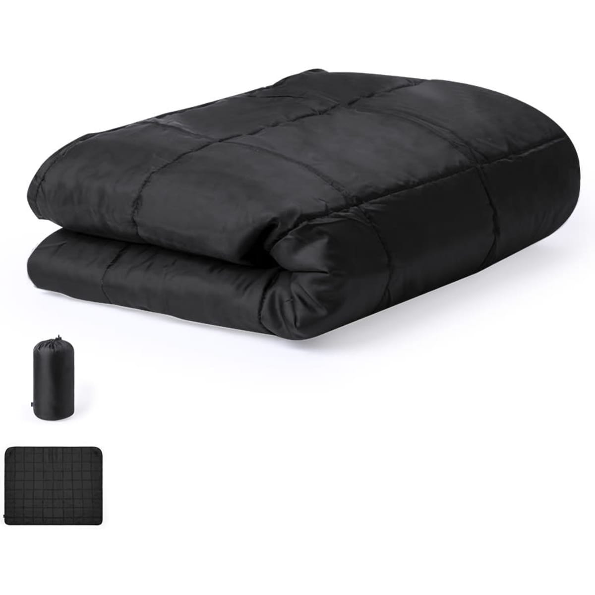 A black picnic rug neatly folded, accompanied by a compact carrying pouch in the corner.
