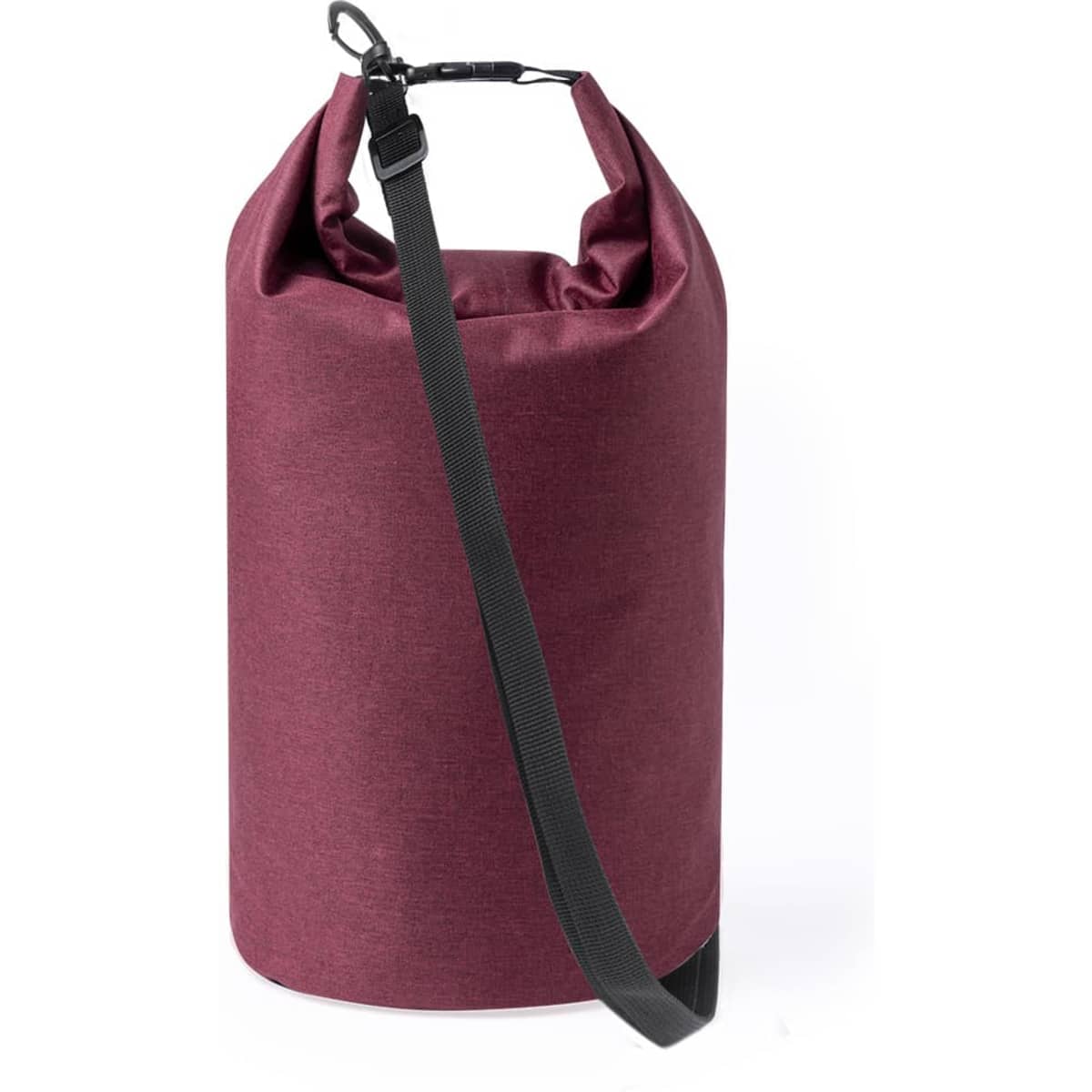A burgundy dry bag with a strap, featuring a roll-top closure and a clip for secure transport.
