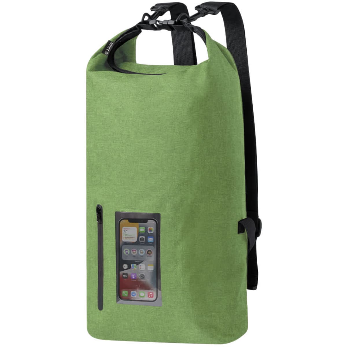 A green Ardentix Backpack with a transparent phone pocket and adjustable straps. It features a branding logo.