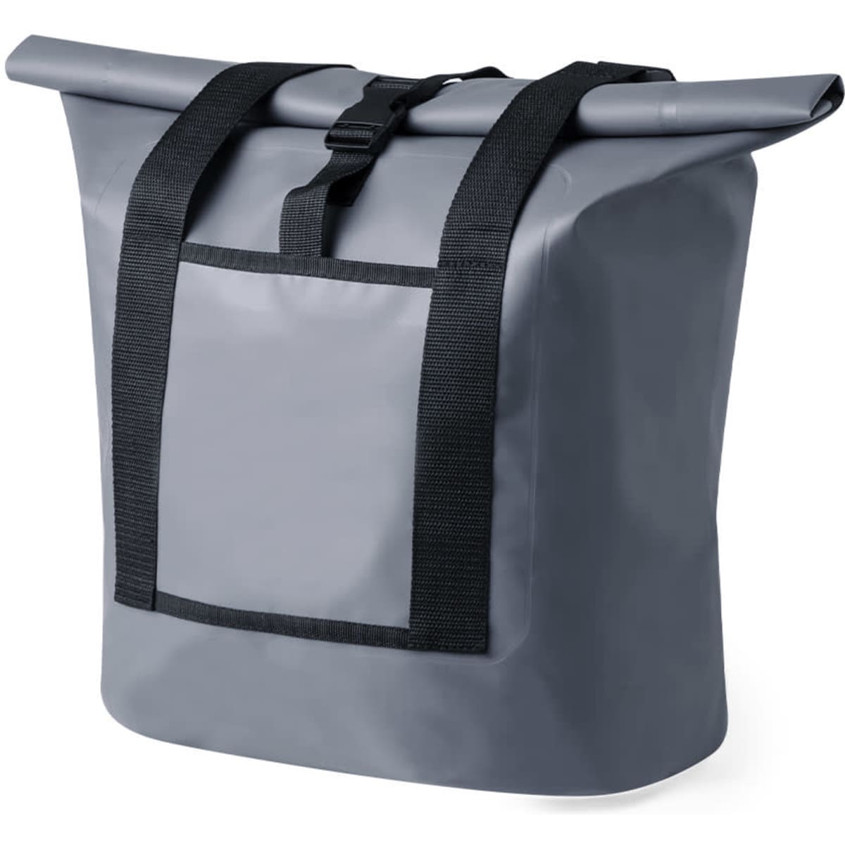 A grey dry bag with sturdy straps and a front pocket, featuring a logo on the surface.