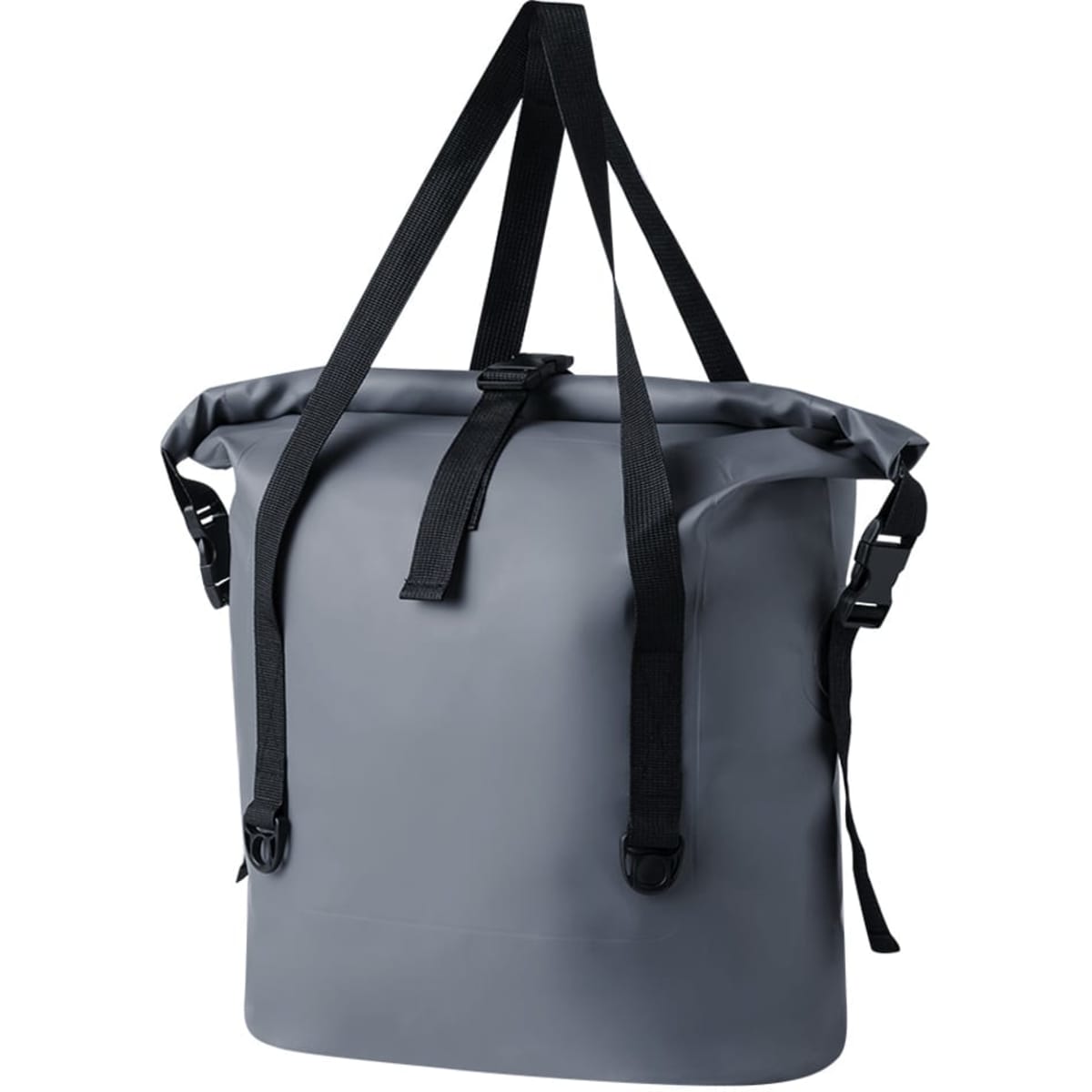 A grey dry bag with black adjustable straps and a secure roll-top closure. It has a logo on the front.