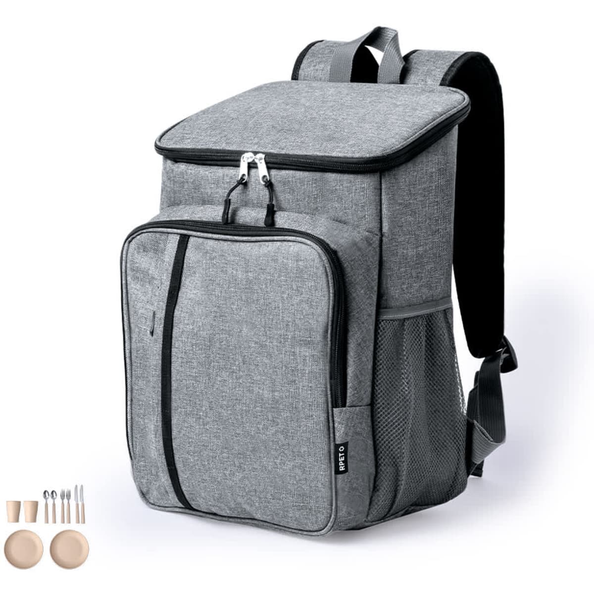 A grey backpack with a top opening and front pocket, featuring a logo and mesh side pocket.